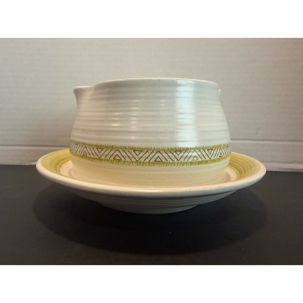 Franciscan Earthenware Aztec Gravy Boat Attached Underplate Green Cream Vintage
